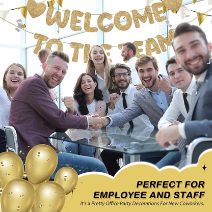 Fulmoon Pre Strung Welcome to The Team Banner with Two Heart Signs, NO DIY, Glitter Welcome Party Supplies for New Employee, Coworker, Colleague, Staff, Team Member Office Decorations(Champagne Gold)