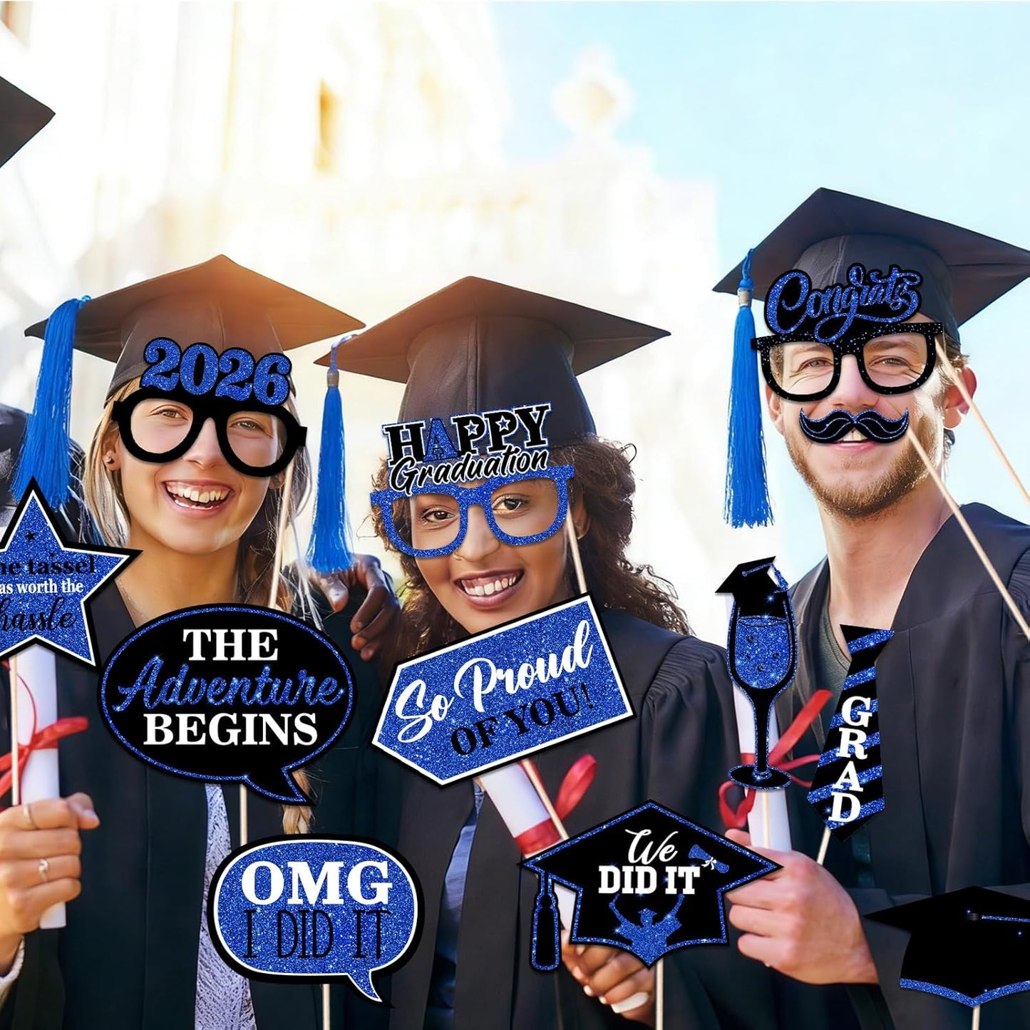 46Pcs Blue Gold Graduation Photo Booth Props 2026 Graduation Decorations with Sticks Class of 2026 Grad Party Favors Supplies for High School & College