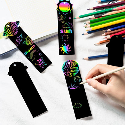 CY2SIDE 72PCS Solar System 9 Planets Scratch Bookmarks for Kids, Outer Space Theme Scratch Card Craft Kits, Galaxy Star Magic Art Rainbow Color Craft Kit for School Party Favors
