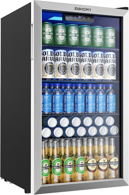 EUHOMY 4.5 Cu.ft Beverage Refrigerator and Cooler, 145 Can Mini fridge with Glass Door for Soda Beer Wine, Small Drink Dispenser with Digital Adjustable Thermostat for Home Office Bar