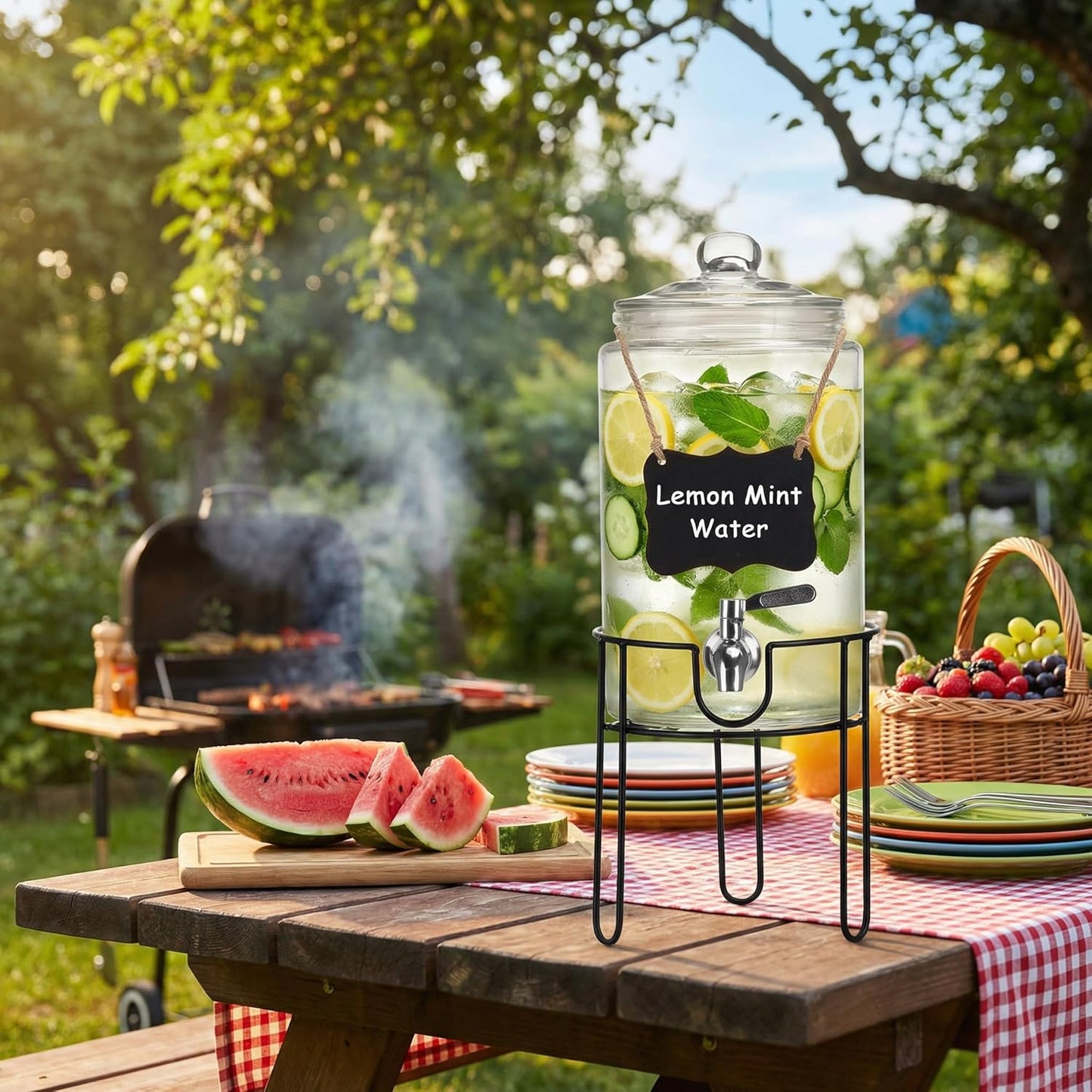 1 Gallon Glass Drink Dispenser Set of 2, Drink Dispensers for Parties, Beverage Dispenser with Stand, Glass Lid, 100% Leakproof Spigot, Ideal for Lemonade, Juice, Iced Tea, Laundry Detergent Dispenser