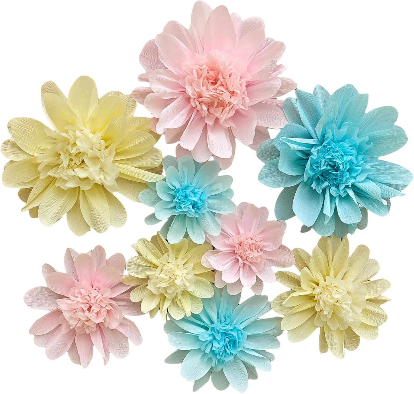 Crepe Paper Flower for Wall Decor Girls Birthday Party Backdrop Baby Shower Nursery Room Decoration Pack of 9 (Pastel)