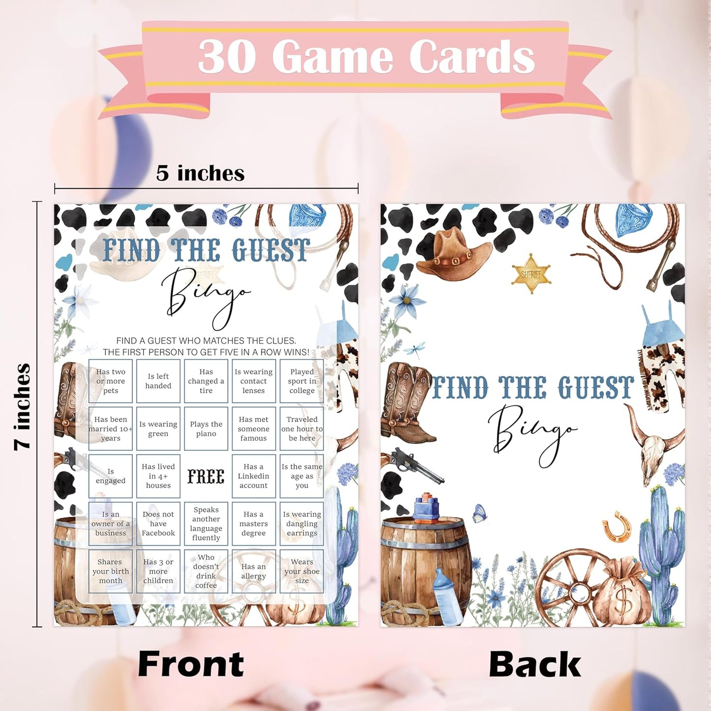 Cowboy Baby Shower Bingo Game, Pack of 30 Game Cards, Wild West Rodeo Shower Game, Gender Reveal Party Decorations, Gender Neutral - KR59