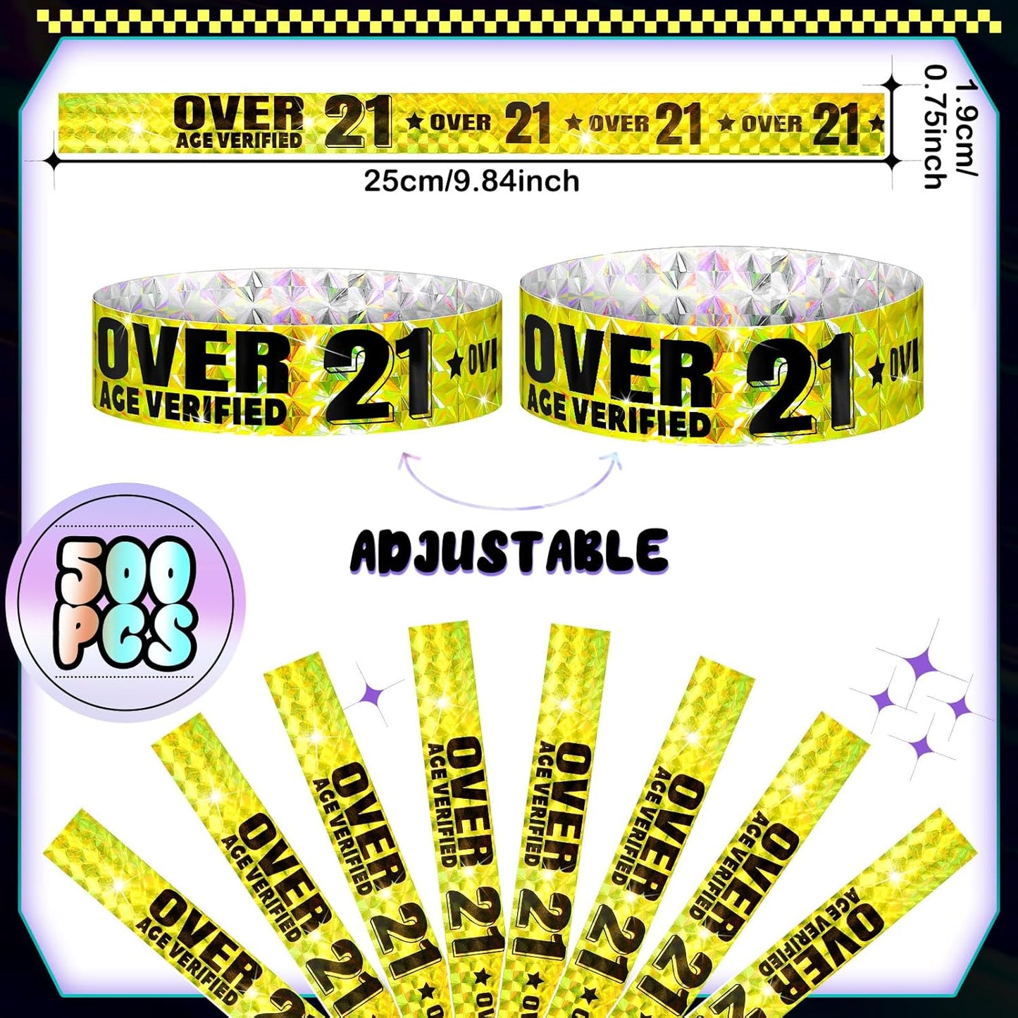 Ferraycle Over 21 Wristbands Holographic Events Wristbands Plastic Party Bracelets Waterproof Bracelets Arm Bands for Events Concerts