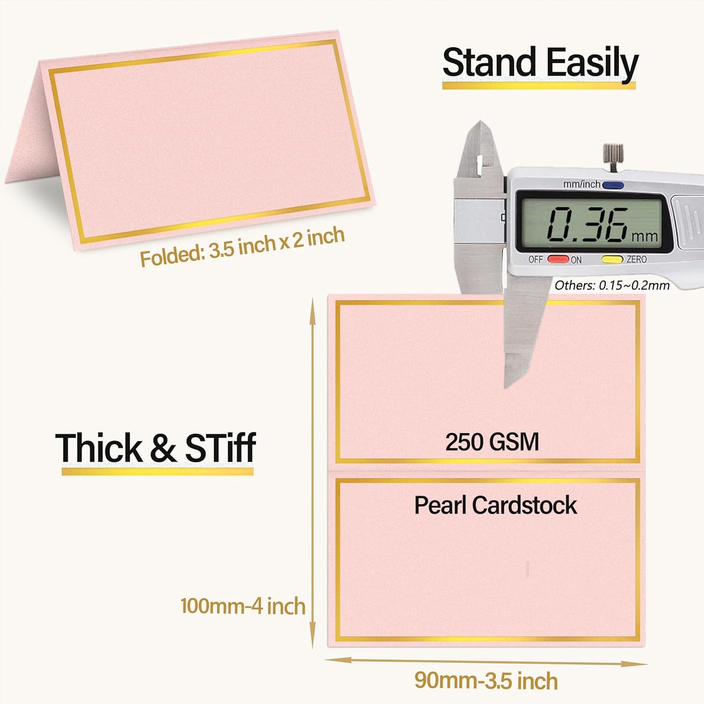 100 Pack Gold Table Cards Place Cards Name Cards for Table Setting, 250g Pearled Table Tents Name Tents, Avery Place Cards for Wedding, Meeting, Party, Reserved Seating Sign (Gold)