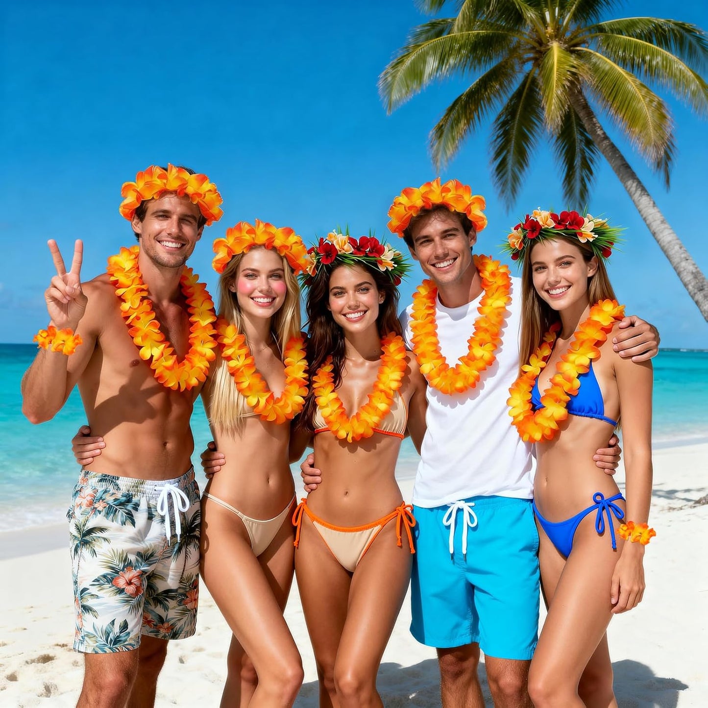 5 PCS Hawaiian Leis Flower Crown Set - Leis for Luau Party Tropical Orange Red Flower Crowns for Women Hawaiian Leis for Adults Flower Headband Summer Beach Hawaiian Party Decorations Accessories