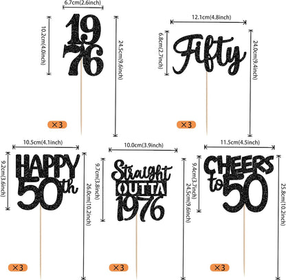15 PCS 50th Birthday Centerpiece Sticks Fifty Happy 50th Straight Outta 1976 Table Flower Centerpieces Sticks Cheers to 50 Floral Decorations for 50th Birthday Party Centerpieces Supplies Black