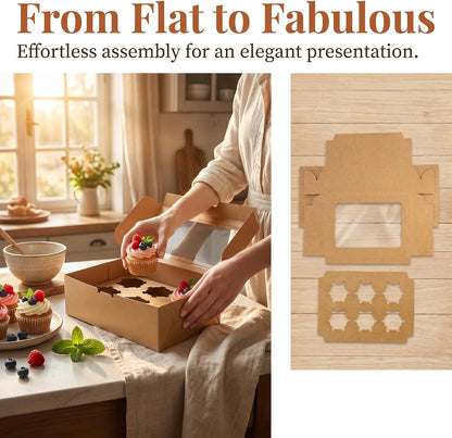 Jucoan 50 Pack Kraft Cupcake Box with Insert and Window Hold 6 Standard Cupcake, Food Grade Cupcake Carrier Container, Brown Bakery Box for Pastry, Cookies, Small Cake, Desserts Treat