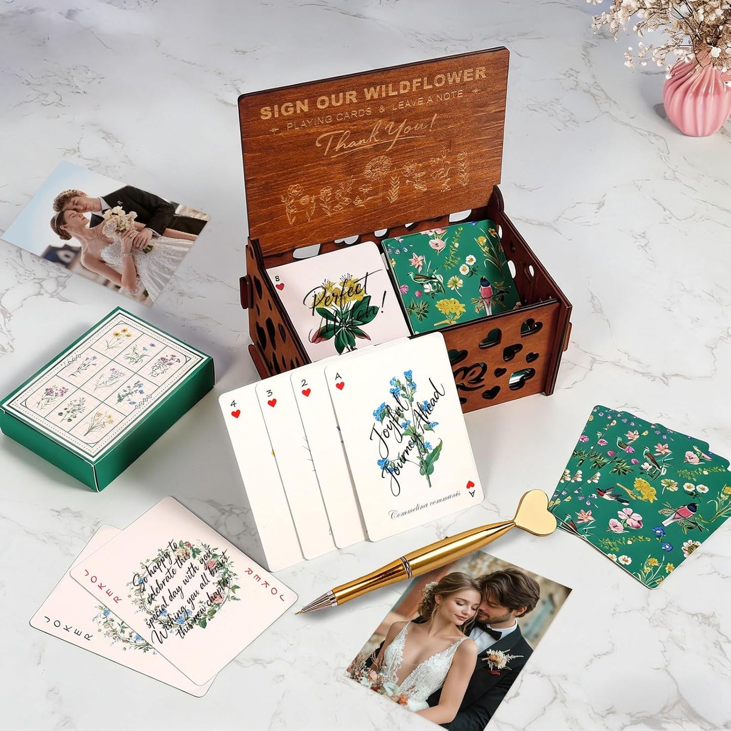 54 PCS Personalized Wedding Guest Book Alternative, Floral Wedding Guest Playing Cards Set with Wooden Openwork Storage Box, Wildflower Wedding Book Ideas, Guest Card Deck for Wedding Bridal Shower