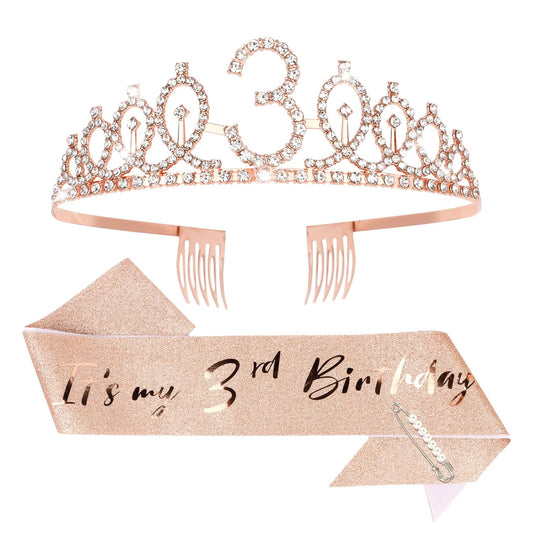 CIEHER 3th Birthday Party Supplies: Crown, Sash, Pearl Pin Set - Decorations for Little Girls' Special Day - Colors B