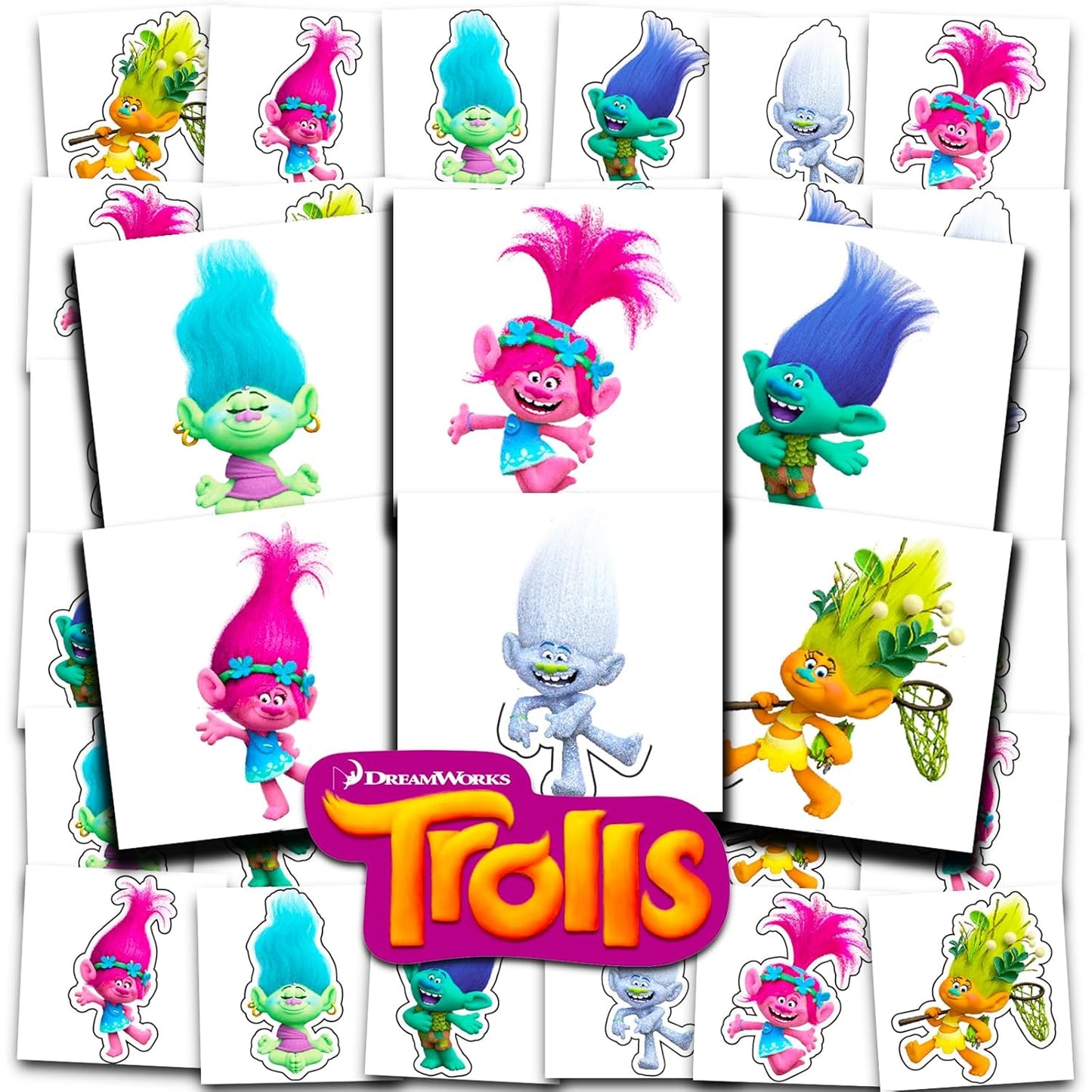 Trolls Tattoos Party Favors Bundle ~ 72 Perforated Individual 2" x 2" Trolls Temporary Tattoos for Kids Boys Girls (Trolls Party Supplies)