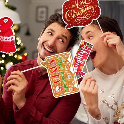 Christmas Photo Booth Props Kit, 24Pcs Fun Photo Props & Selfie Frame for Christmas Photos Decoration, Funny Santa & Gingerbread Photo Props for Xmas Holiday Party Decoration