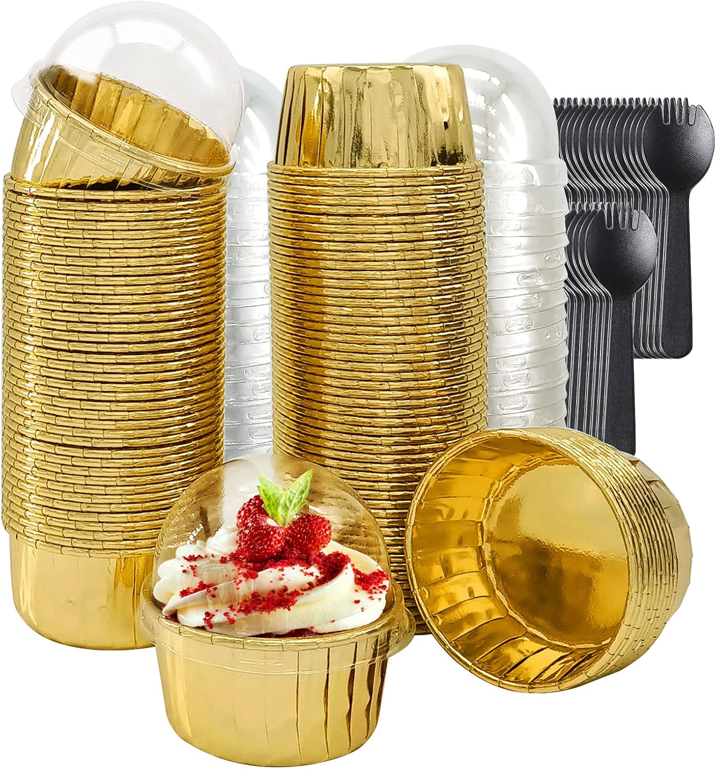 Cupcake Liners with Lids 50 Pack,LNYZQUS 5oz Large Foil Cupcake Cups Muffin Tins,Disposable Baking Cups Muffin Liners Wrappers Holders for Wedding Valentine-Pink in gold