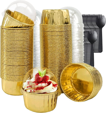 Cupcake Liners with Lids 50 Pack,LNYZQUS 5oz Large Foil Cupcake Cups Muffin Tins,Disposable Baking Cups Muffin Liners Wrappers Holders for Wedding Valentine-Pink in gold