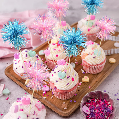 Ephlyn 30Pcs Foil Firework Cupcake Toppers Sparkle Tinsel Cupcake Picks Drink Stirrers Cocktail Food Fruit Toothpicks for Baby Shower Graduation Party Supplies White
