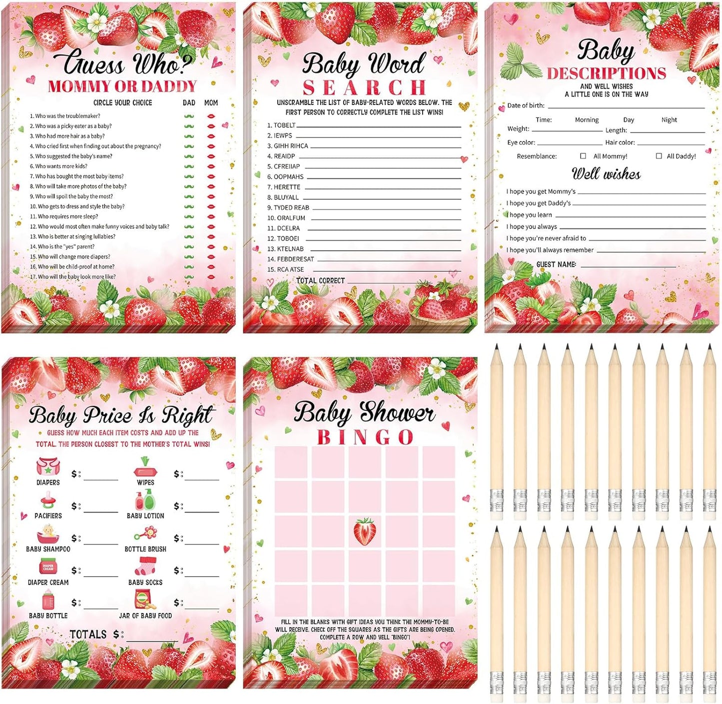 Yinder 145 Pcs Baby Shower Games Activities Cards with 20 Pencils Includes Baby Bingo Description and Wishes Guess Who Price is Right Word Scramble Game(Here Comes the Son)