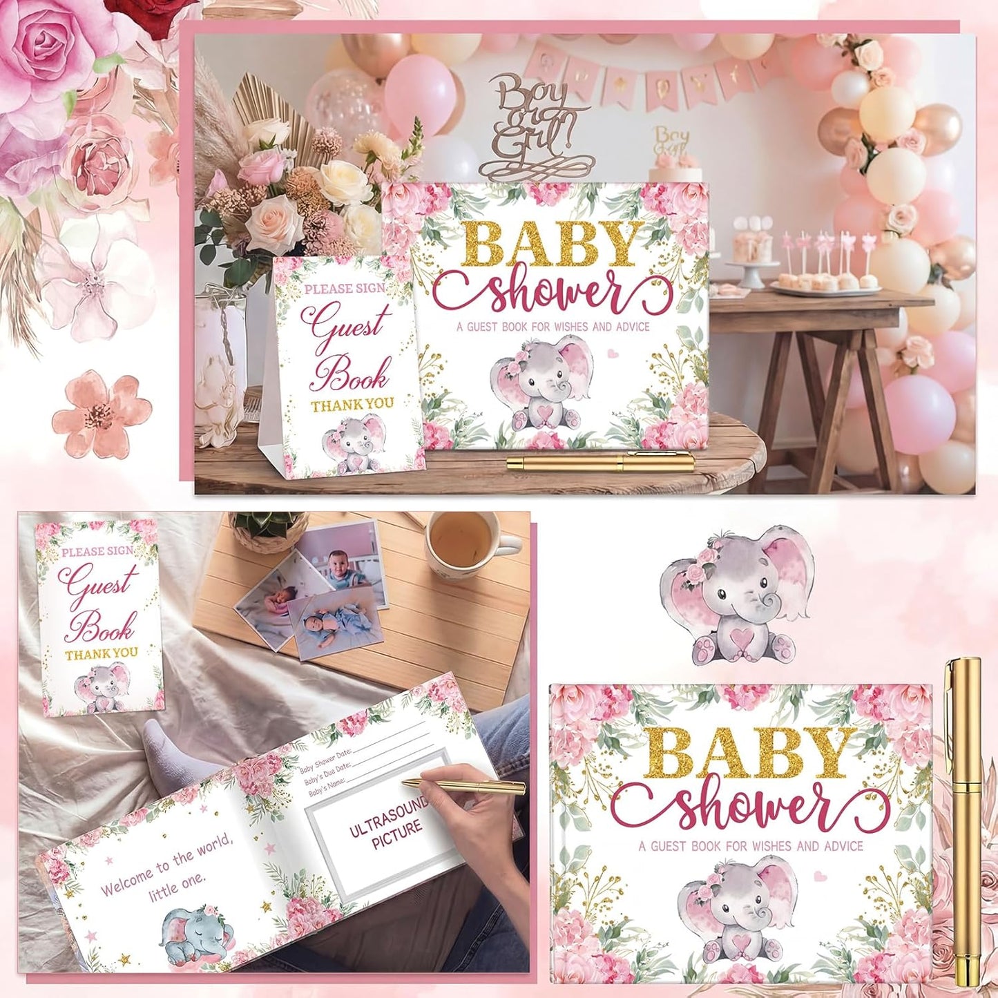 Fuyoooo 27 Pcs Safari Animal Baby Shower Guest Book Set Baby Shower Sign in Guest Floral Book Place Table Cards with Gold Pen Adhesive Photo Corner for Birthday Party