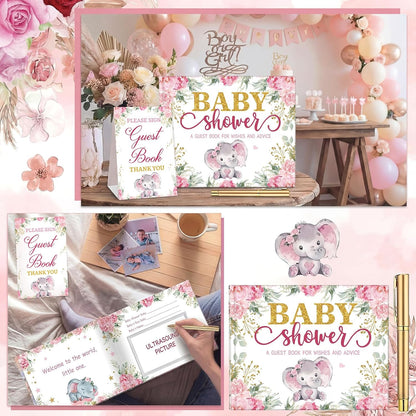 Fuyoooo 27 Pcs Safari Animal Baby Shower Guest Book Set Baby Shower Sign in Guest Floral Book Place Table Cards with Gold Pen Adhesive Photo Corner for Birthday Party
