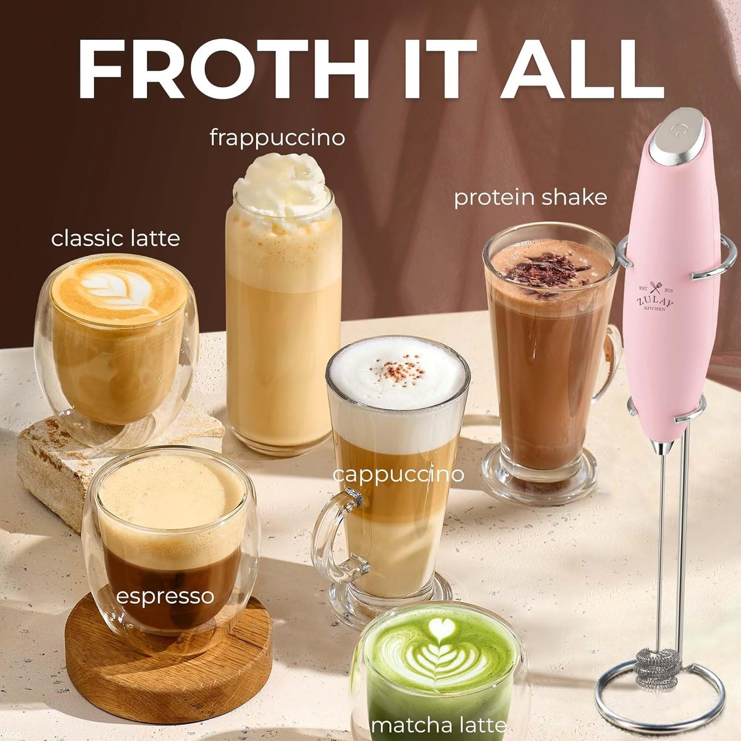 Zulay Kitchen Powerful Milk Frother Wand With Duracell Batteries - Ultra Fast Handheld Drink Mixer - Electric Whisk Foam Maker for Coffee, Lattes, Cappuccino & Matcha - Z1 Motor - Black - Colors D