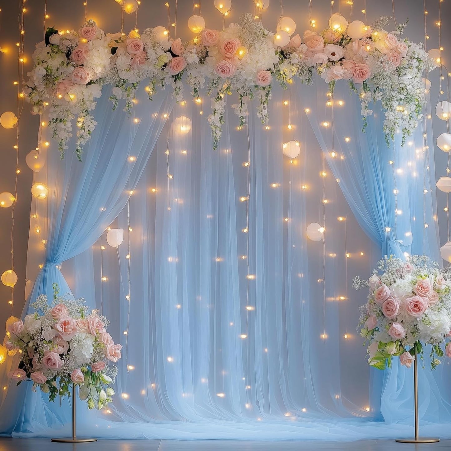 Fomcet Tulle Backdrop Curtains with Lights String White 10FT X 8FT Sheer Curtain with Lights Tulle Curtains Backdrop for Wedding Birthday Party Baby Shower Photo Shoot (2 Panels 5x8FT)