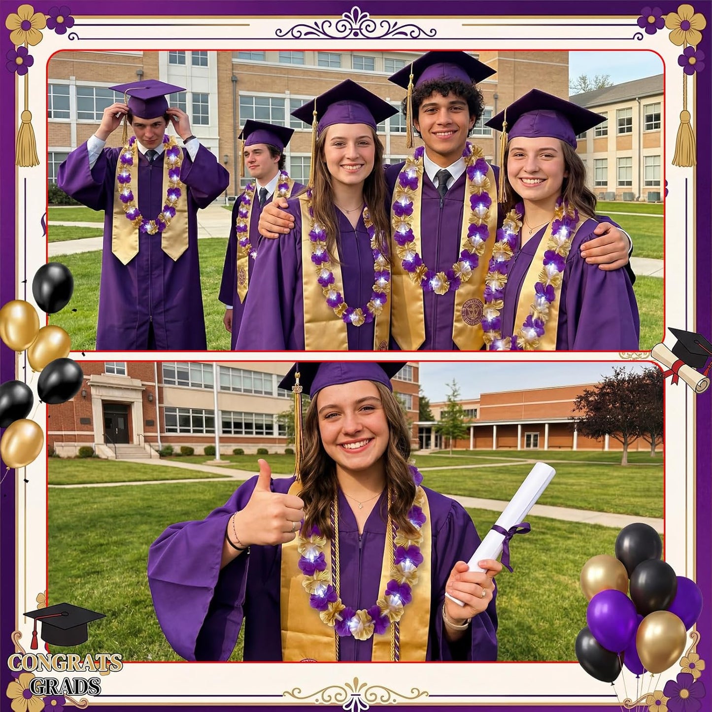 Sherr 24 Pcs LED Leis Light Up Purple and Gold Hawaiian Flower Necklaces, Graduation 2026 Party Supplies, Class of 2026 Leis for Beach Wedding Luau Glow Party Favors