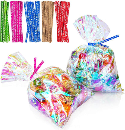 5x7 Inch Iridescent Cellophane Treat Bags with Twist Ties, Treat Bags for Candy Cookie Goodie Chocolates, And Popcorn