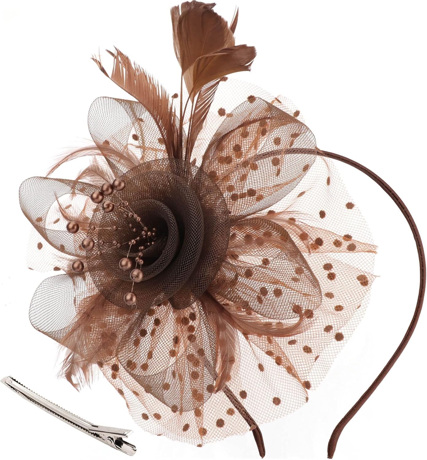DRESHOW Fascinators Hat Flower Mesh Ribbons Feathers on a Headband and a Clip Tea Party Headwear for Girls and Women - Colors B