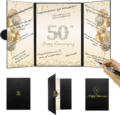 DARUNAXY Black Gold Happy Anniversary Party Decorations, Happy Anniversary Alternative Signature Guest Book Wedding 1st 10th 40th 50th Anniversary Signing Card Board Party Supplies
