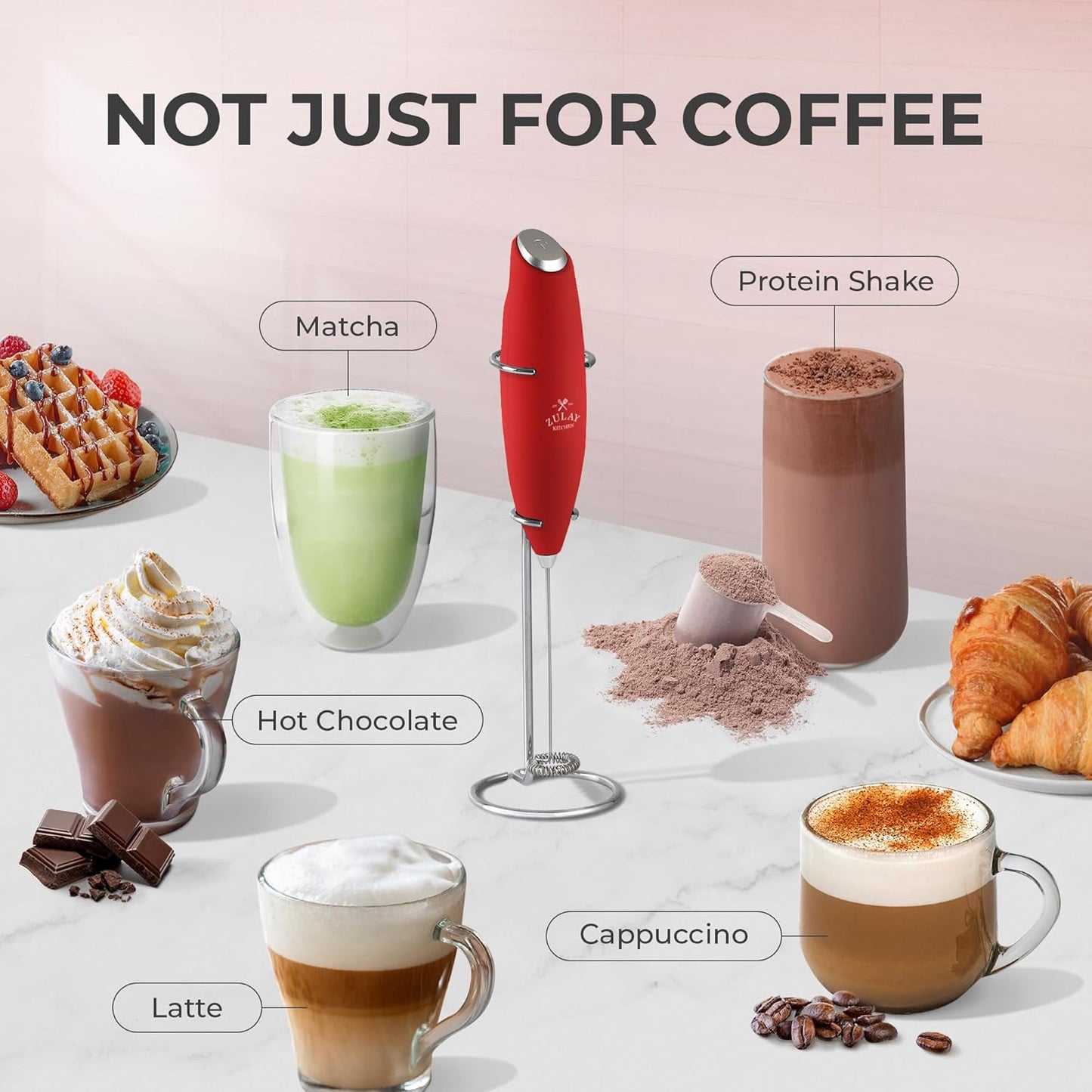 Zulay Kitchen Powerful Milk Frother Wand With Duracell Batteries - Ultra Fast Handheld Drink Mixer - Electric Whisk Foam Maker for Coffee, Lattes, Cappuccino & Matcha - Z1 Motor - Black - Colors C
