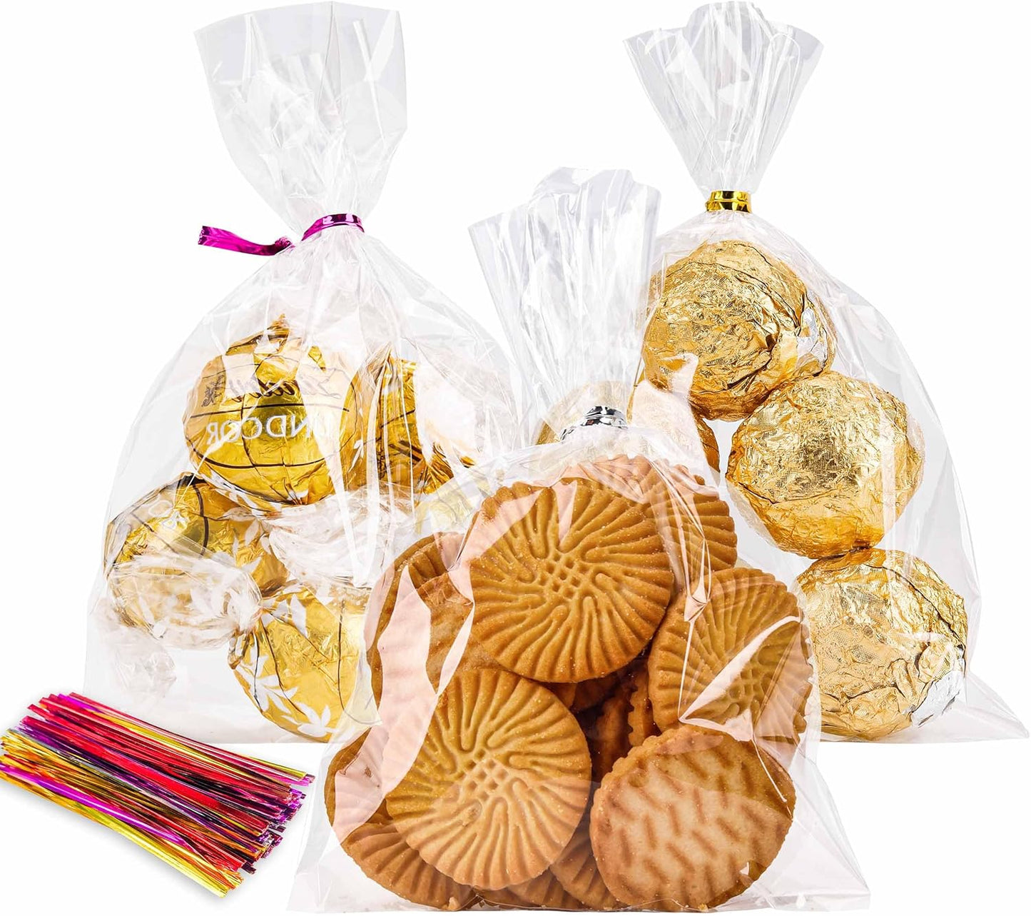 LOKQING Clear Cellophane Treat Bags 6 x 10 in, 100 Pack Mothers Day Gift Bags with Twist Ties, Bags for Cookies, Candy, Party Favors, Bakery Packaging and Small Gifts
