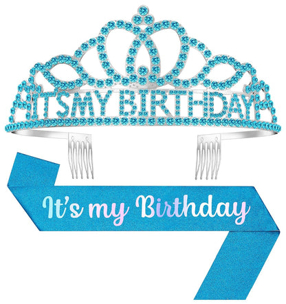 Birthday Tiara and Crown with Sash, Birthday Tiara for Women Party Silver