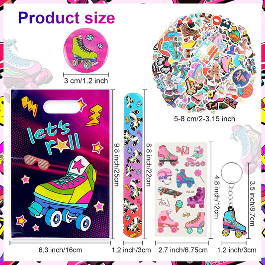 Kolewo4ever 220 Pieces Roller Skate Party Supplies Set Bulk Slap Bracelets, Stickers, Key Chains, Pin Badges,Temporary Tattoos and Goodie Bag Fillers for Retro 1980s Hip Hop Party (Roller Skate)