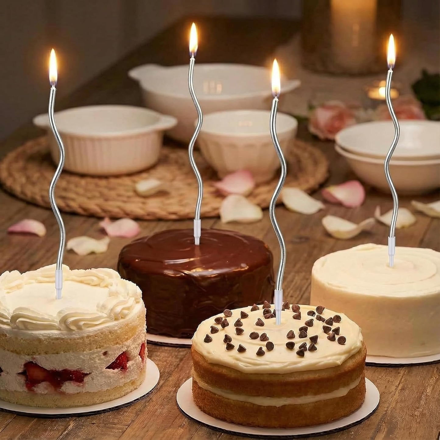 12-Count Spiral Birthday Candles, Long Twisty Gold Party Candles with Candle Holders, Long Burning for Weddings, Birthdays, Party Decorations, Cupcakes, Anniversary and Meetups (Gold)