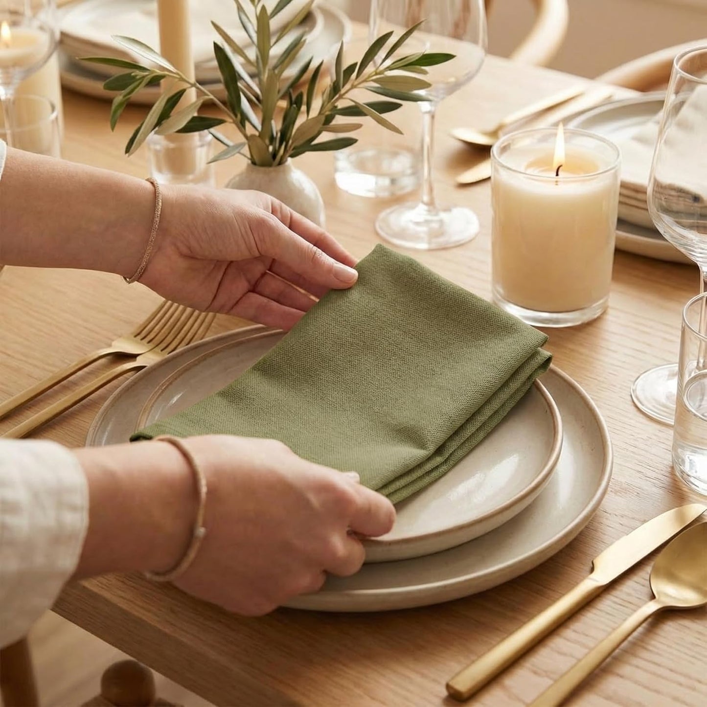 ACCENTHOME Natural Cotton Linen Napkin Set of 12 18x18 inch Dinner Napkins - Washable Soft Premium Hotel Quality Reusable Hemmed Edges Napkins Perfect Table Linens for Family Dinners, Weddings