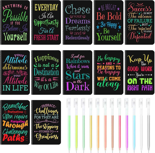 12 Pcs Mini Inspirational Notebooks Bulk with 12 Pcs Colorful Pens, Small Pocket Journal Notepads Set, Motivational Bulk Gifts for Women Men Teacher Student, Fun School Office Supplies, 3.5" x 5.5"