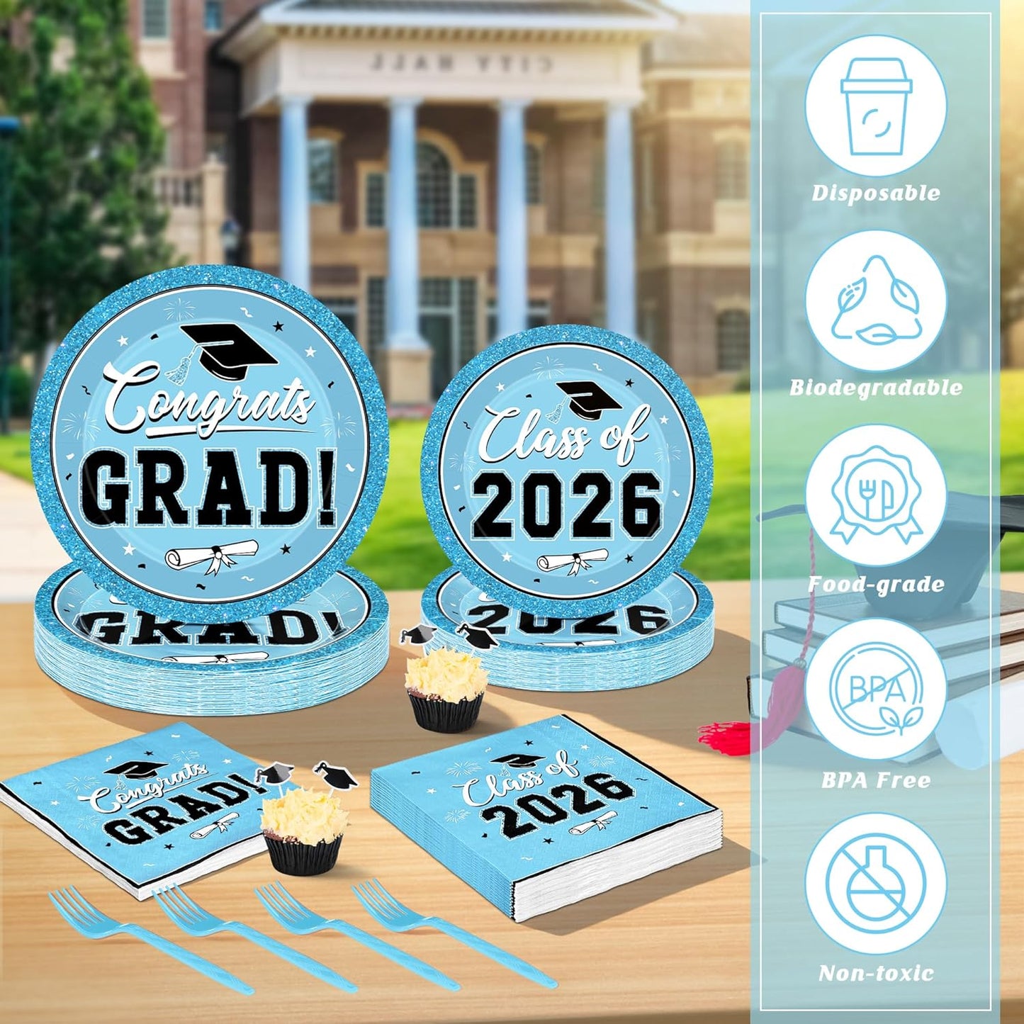 200Pcs Graduation Decorations 2026, Blue Graduation Plates and Napkins Party Supplies for 50 Guests, Disposable Grad Plates, Napkins, Dessert Plates and Forks for Grad Decor Wedding Birthday Supplies