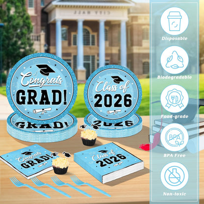 200Pcs Graduation Decorations 2026, Blue Graduation Plates and Napkins Party Supplies for 50 Guests, Disposable Grad Plates, Napkins, Dessert Plates and Forks for Grad Decor Wedding Birthday Supplies