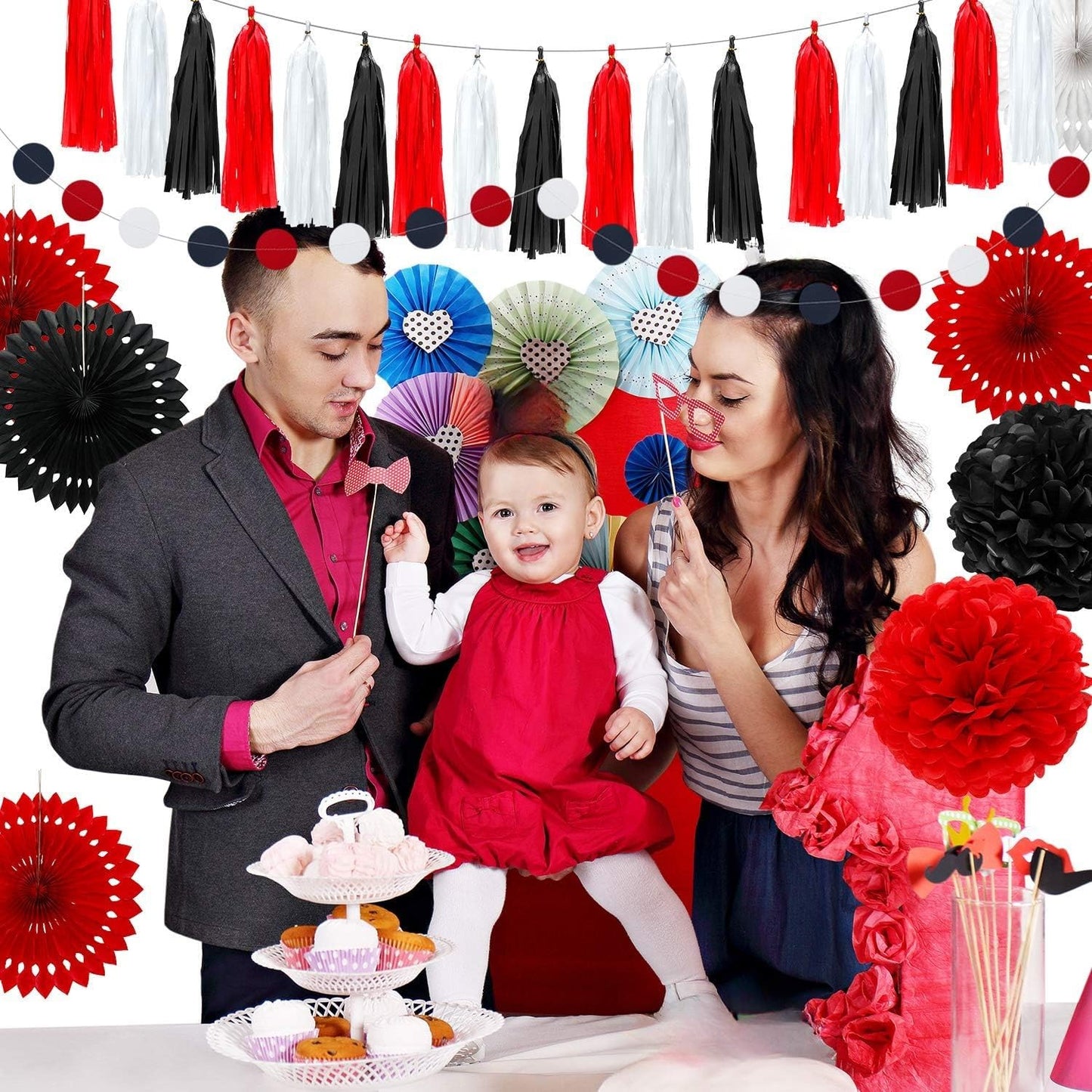 WILLBOND 29 Pcs Red and Black Decorations Paper Decoration Fan Pom Pom Honeycomb Flower Tissue Tassel Garland Theme Party Supplies for Graduation Birthday(White, Red, Black)
