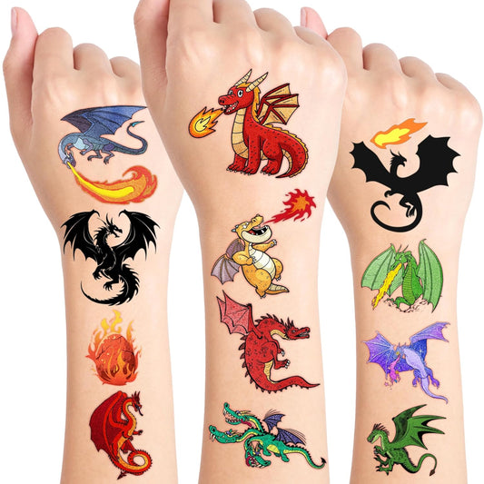 96PCS Dragon Pre-cut Temporary Tattoos Birthday Party Supplies Favors Decorations Knight Dragon Super Cute Fake Tattoos Stickers for Kids Boys Girls School Classroom Rewards Gifts Ideal Halloween