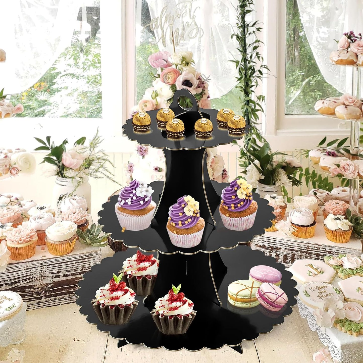 Soleebee 3-Tier Cupcake Stand, Cardboard Cupcake Tower, Dessert Cup Cake Stand Tower for Birthday Wedding Party Decoration, Cupcake Tier Stand 1 Set (Black)