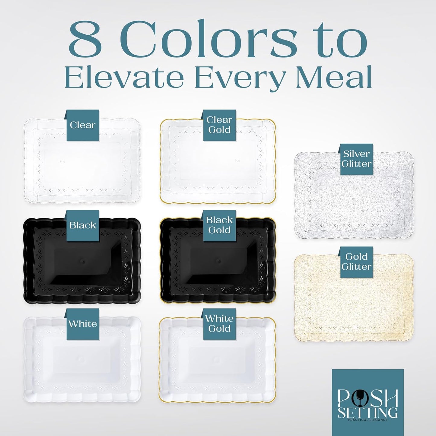 Posh Setting - Glitter Gold Serving Trays for Party, 9x13 Plastic Platters & Food Trays