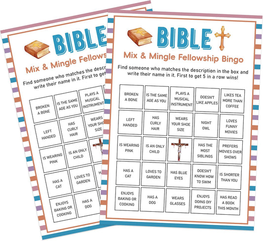 Bible Mix & Mingle Fellowship Bingo Game – 30 Cards, 5x7 Inch – Fun Christian Icebreaker for Church Events & Bible Activity Groups-SJYX02