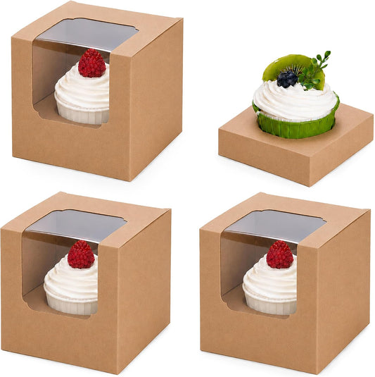 NPLUX 50 Pcs Cupcake Boxes Individual Cupcake Containers Pre-Assembled Single Cupcake Boxes 3.5"x3.5"x3.5" with 50 Pcs Inserts for Cupcakes Muffins Party Favors(Brown)