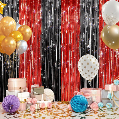 GCB 2Pack Black Metallic Tinsel Foil Fringe Curtains, Black Foil Curtain Backdrop, Photo Booth Props for Birthday Wedding Baby Shower Bachelorette Xmas Celebration Party Decorations Door Streamers