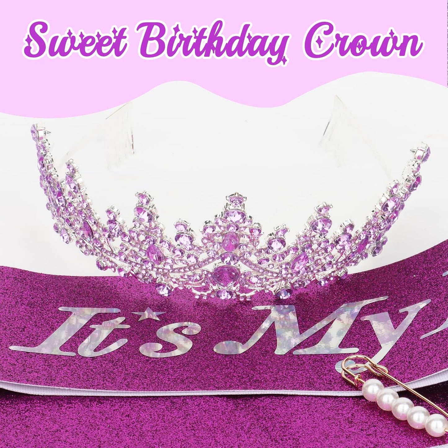CURASA Birthday Tiara and Sash - Silver Birthday Crown for Women, Perfect for Parties and Celebrations