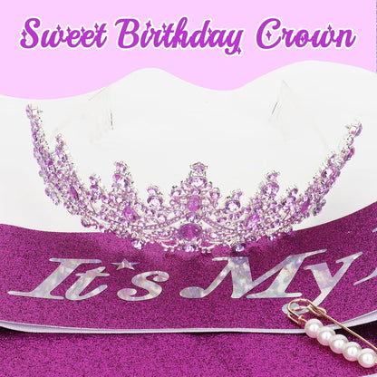 CURASA Birthday Tiara and Sash - Silver Birthday Crown for Women, Perfect for Parties and Celebrations