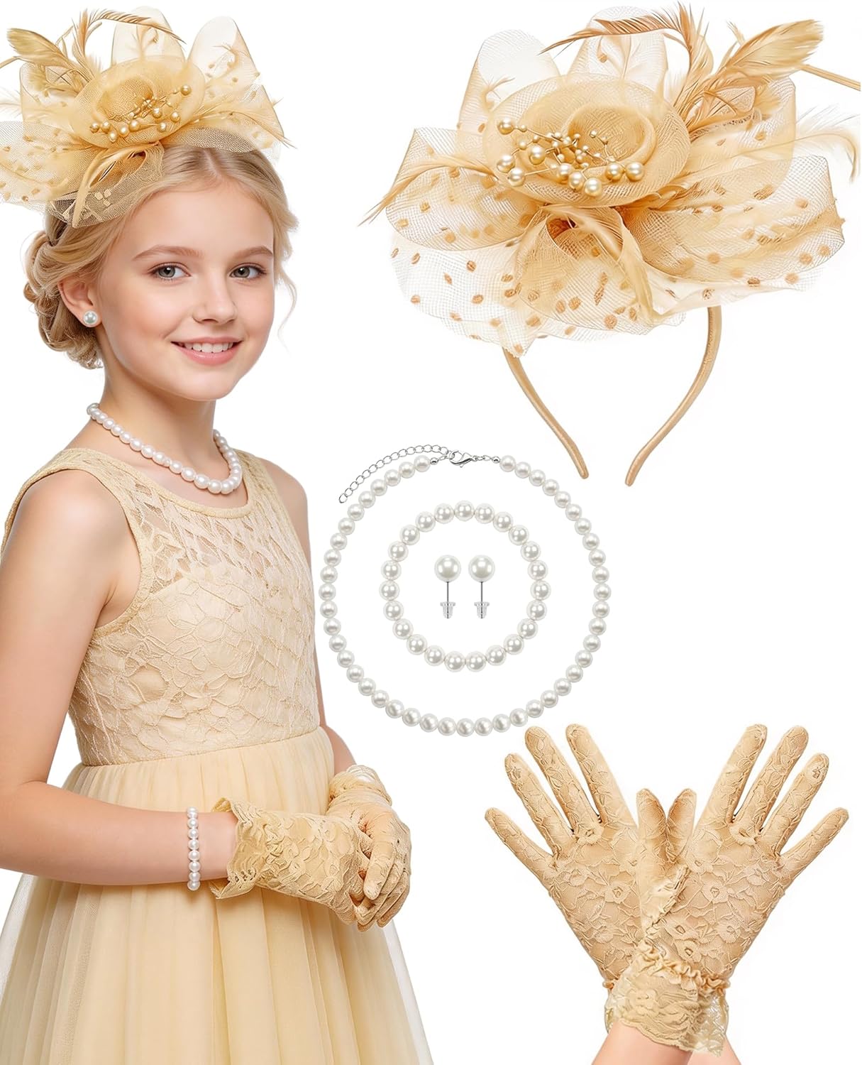 Girls Tea Party Fascinators Hats for Kids Fascinator Tea Party Hat Headband with Gloves Accessories for Girls