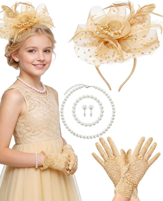 Girls Tea Party Fascinators Hats for Kids Fascinator Tea Party Hat Headband with Gloves Accessories for Girls