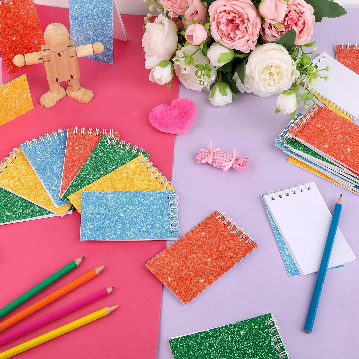 24 Pcs Mini Notebook Party Favor Small Pocket Notebook Colorful Shiny Cover Notebooks Small Spiral Notepad Memo Note Pads for Work Home Office School Classroom Supplies