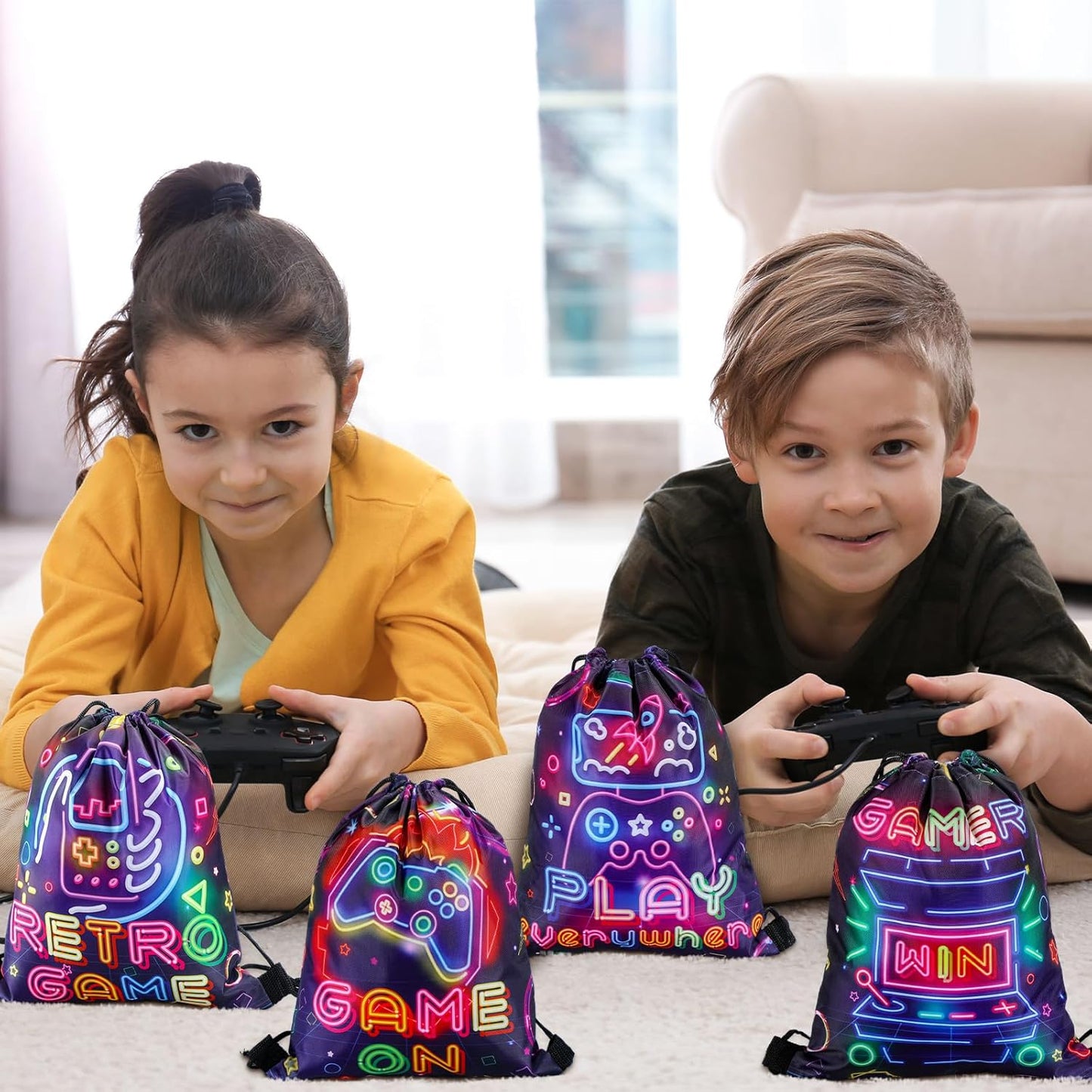 Huhumy 16 Pcs Video Game Party Favor Neon Game Drawstring Bags 12 x 10 Inch Video Theme Gifts Goodie Treat Candy Bags Party Supplies for Boys Girls for Kid Birthday